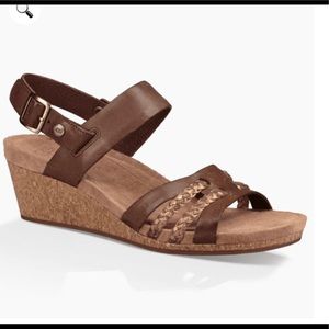 UGG Serinda Mole Brown Leather Wedge Sandals-NWOT